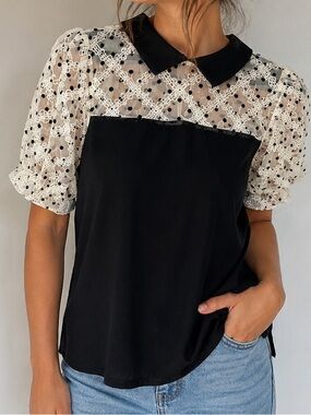Kaily K Black White Lace Polka Dot Peter Pan Collar Puff Sleeve Top Medium Chic